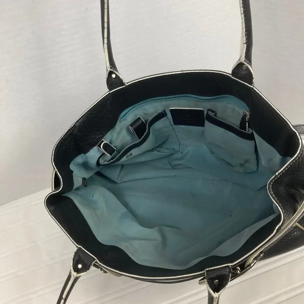 Cole Haan Village Pebbled Leather Bag Black White Trim Buckle Satchel Lined Teal